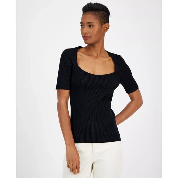 BOSS Orange Women's Faggio Ribbed Sweetheart-Neck Top Black Size XS MSRP $148